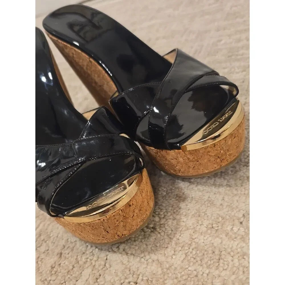 Jimmy Choo | Black Patent Cork Wedge Sandals